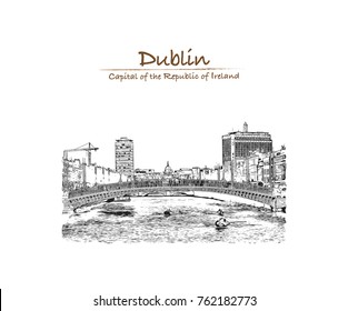 Hand drawn sketch of Ha'penny Bridge The Ha'penny Bridge, known later for a time as the Penny Ha'penny Bridge. The River Liffey in Dublin, Ireland in vector illustration.