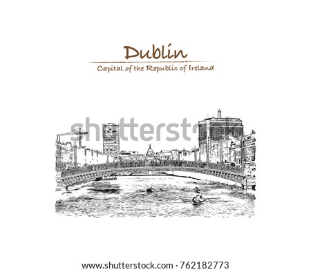 Hand drawn sketch of Ha'penny Bridge The Ha'penny Bridge, known later for a time as the Penny Ha'penny Bridge. The River Liffey in Dublin, Ireland in vector illustration.