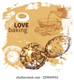 Hand drawn sketch happy birthday bakery vintage background. Tea time vector illustration