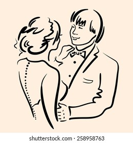 Hand drawn sketch with happy bride and groom.