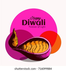 Hand drawn Sketch of Happy Diwali celebration with Calligraphy Text. Festival of Light on India. Vector illustration background Eps.10