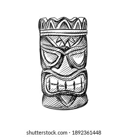 Hand drawn sketch of hawaii totem, tribal mask on a white background. Hawaii set. Summer holidays at hawaii. Paradise, island, vacation