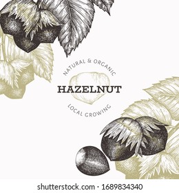 Hand drawn sketch hazelnut design template. Organic food vector illustration on white background. Vintage nut illustration. Engraved style botanical background.