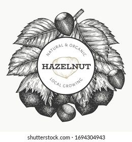Hand drawn sketch hazelnut design template. Organic food vector illustration on white background. Vintage nut illustration. Engraved style botanical background.