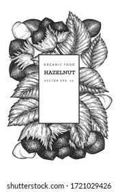 Handgezeichnete Haselnussvorlage. Organische Lebensmittelvektorgrafik auf weißem Hintergrund. Vintage-Nuss-Illustration. botanischer Hintergrund im Stilstil.