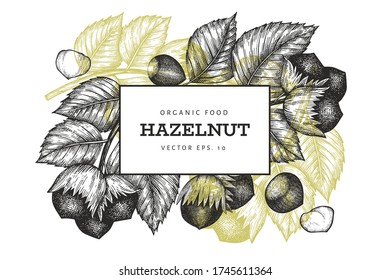 Hand drawn sketch hazelnut design template. Organic food vector illustration on white background. Vintage nut illustration. Engraved style botanical background.