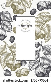 Hand drawn sketch hazelnut design template. Organic food vector illustration on white background. Vintage nut illustration. Engraved style botanical background.
