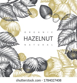 Hand drawn sketch hazelnut design template. Organic food vector illustration on white background. Vintage nut illustration. Engraved style botanical background.