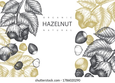 Hand drawn sketch hazelnut design template. Organic food vector illustration on white background. Vintage nut illustration. Engraved style botanical background.