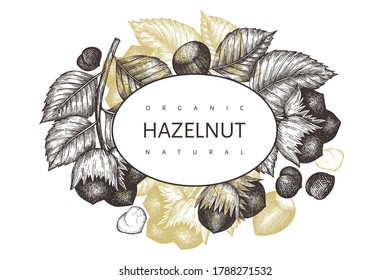 Hand drawn sketch hazelnut design template. Organic food vector illustration on white background. Vintage nut illustration. Engraved style botanical background.