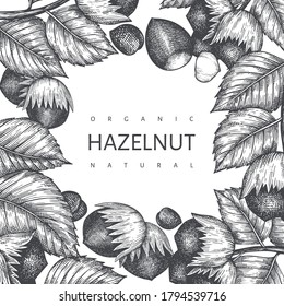Hand drawn sketch hazelnut design template. Organic food vector illustration on white background. Vintage nut illustration. Engraved style botanical background.