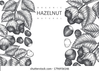 Hand drawn sketch hazelnut design template. Organic food vector illustration on white background. Vintage nut illustration. Engraved style botanical background.