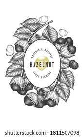 Hand drawn sketch hazelnut design template. Organic food vector illustration on white background. Vintage nut illustration. Engraved style botanical background.