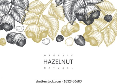 Hand drawn sketch hazelnut design template. Organic food vector illustration on white background. Vintage nut illustration. Engraved style botanical background.