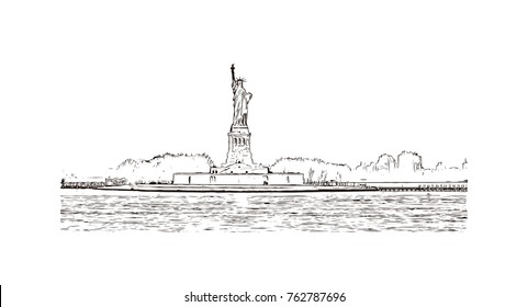 Hand drawn sketch of he Statue of Liberty with One World Trade Center background, Landmarks of New York City, USA in vector illustration.