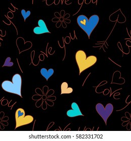 Hand drawn sketch heart art of marker or felt-tip pen drawing for Valentines card. Blue, yellow and red hearts and I love you text seamless pattern on black. Vector Valentine Day art for greeting card