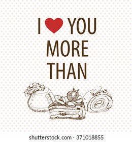 Hand drawn sketch heart, cake holiday Valentine's day. Vector illustration.