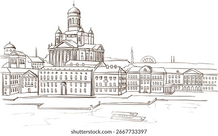 Esboço desenhado à mão de Helsinki, Finlândia, desenho monocromático da paisagem urbana
