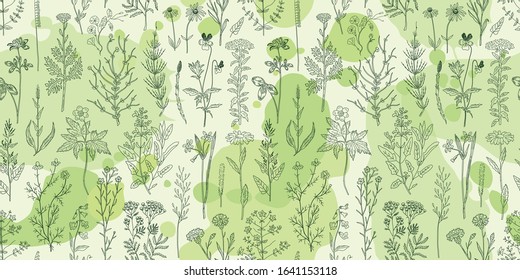 Hand drawn sketch with herbs and wild flowers on the background of watercolor spots. Vintage seamless pattern. Vector illustration. Healthy food, bio, organic, natural product.