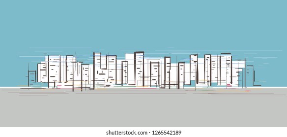 Hand drawn sketch of high rise buildings in a busy city center with blue sky and grey sidewalk background color