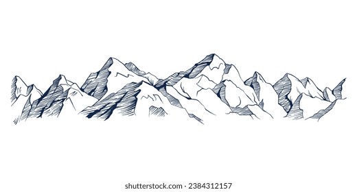 Hand drawn sketch of hiking or climbing on mountain. Nature highlands drawing, mountains landscape engraving. Vector isolated illustration