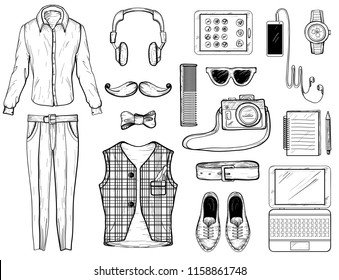 Hand drawn sketch with hipster man Accessories. Vector illustration