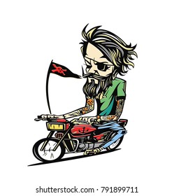 Hand drawn sketch of hipster on motorbike, long hairs, cartoon, vector illustration