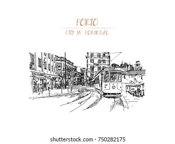 Hand drawn sketch of historical street tram in Porto, Portugal in vector illustration.