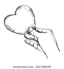 Hand drawn sketch of hand holding  paper heart 