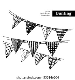 Hand Drawn Sketch Holidays Bunting Flags. Vector Black And White Vintage Illustration