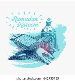 Hand Drawn sketch of Holy book of the Koran on the stand with grunge Background for Ramadan Kareem, Eid al Fitr and Eid Al Adha Celebrating.Vector Illustration eps.10