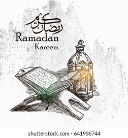 Hand Drawn sketch of Holy book of the Koran on the stand with grunge Background for Ramadan Kareem, Eid al Fitr and Eid Al Adha Celebrating.Vector Illustration eps.10