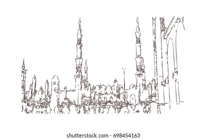Hand drawn sketch of Holy Kaaba in Mecca Saudi Arabia with muslim people in vector illustration.
