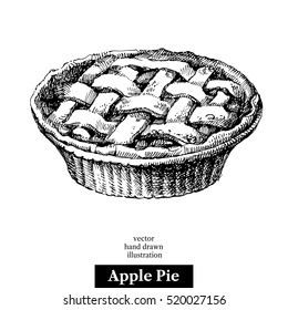 Hand drawn sketch homemade organic apple pie dessert. Vector black and white vintage illustration. Isolated object on white background. Menu design