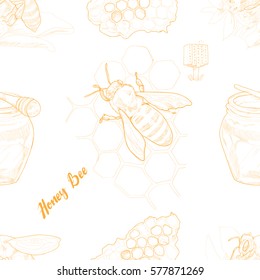 Hand drawn sketch honey bee seamless pattern. Vector illustration background