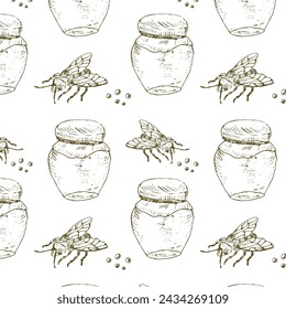 Hand drawn sketch of honey elements - pattern. Vector illustration can used for wrapping paper, textile, food label, print for organic honey products. 