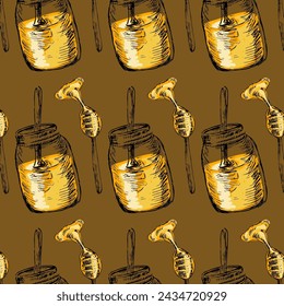 Hand drawn sketch of honey in jar and spoon background. Vector illustration can used for wrapping paper, textile, food label, print for organic honey products. 