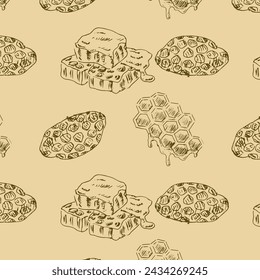 Hand drawn sketch of honeycomb elements patttern. Vector illustration can used for wrapping paper, textile, food label, print for organic honey products. 