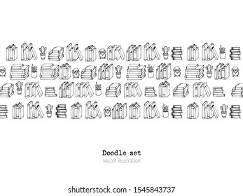 Hand drawn sketch horizontal vector pattern. School concept background. Books, Notebooks, Notepads and Diaries. Stack of books. Office stuff, student desk. Cartoon style illustration. Doodle elements