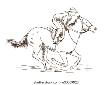 Hand drawn sketch of Horse running in race rider, vector illustration.