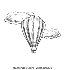 Hand drawn sketch of hot air balloon with clouds. Vintage vector illustration isolated on white background. Doodle drawing.