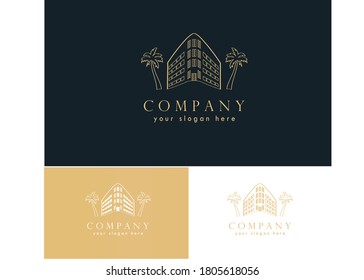 Hand drawn sketch hotel with palm tree . Unique and luxury logo. Can be used for realty estate, apartment, building, ,resort, residential property or hotel logo template.