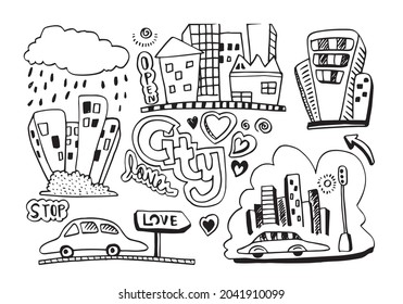 Hand drawn sketch of house and city isolated on white background.