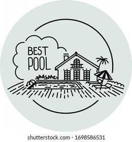 Hand drawn sketch of house with a pool. logo in line.