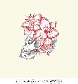 Hand drawn sketch human skull with wreath of flowers. Red lilies Funny character Black graphic Engraving art isolated on white background. Vintage style. Vector illustration