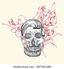 Hand drawn sketch human skull with beard and mustache in wreath of flowers. Red lilies Funny character Black graphic Engraving art isolated on white background. Vintage style. Vector illustration