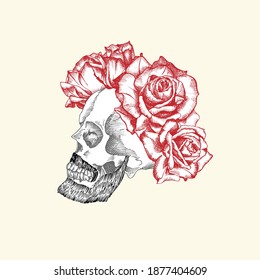 Hand drawn sketch human skull with beard and mustache in wreath of flowers. Red roses Funny character Black graphic Engraving art isolated on white background. Vintage style. Vector illustration