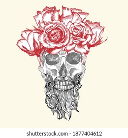 Hand drawn sketch human skull with beard and mustache in wreath of flowers. Red roses Funny character Black graphic Engraving art isolated on white background. Vintage style. Vector illustration