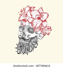 Hand drawn sketch human skull with beard and mustache in wreath of flowers. Red lilies Funny character Black graphic Engraving art isolated on white background. Vintage style. Vector illustration
