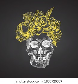 Hand drawn sketch human skull with wreath of flowers. Yellow roses Funny character Chalk graphic Engraving art isolated on chalkboard background. Vintage style. Vector illustration